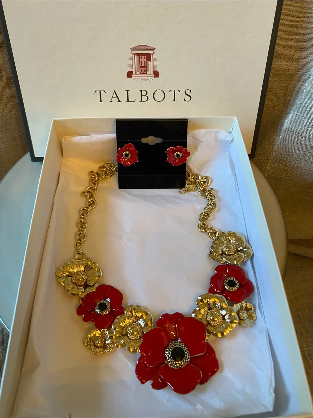 Talbots Red and Gold Poppy bib style Statement Necklace with Matching Earrings